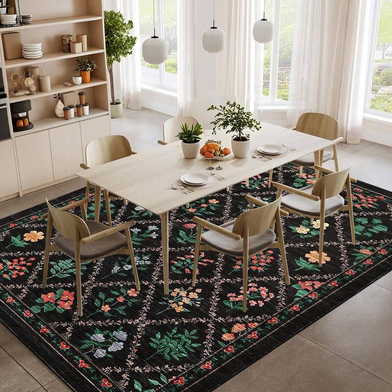 Vintage Floral Washbale Floor Cover Area Rug for Bedroom, Living Room, Black - 1'6" x 2'6" - Black 8' x 10'