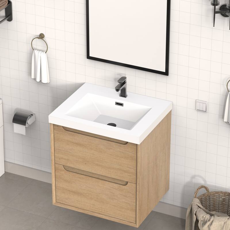 Integrated Resin Bathroom Sink, Modern Square Basin with Overflow, Seamless One-Piece Design - 24"