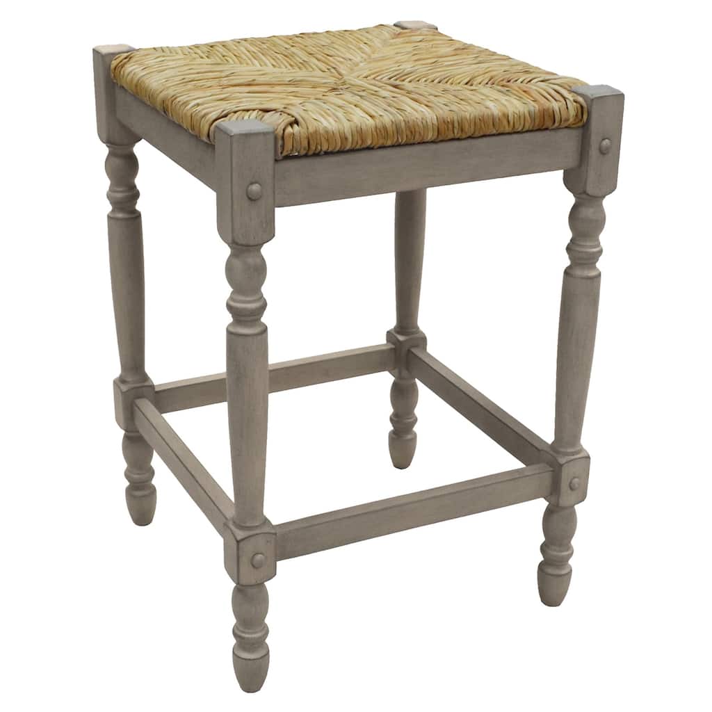 24" Weathered Gray and Beige Counter Stool with Hand Woven Rush Seat