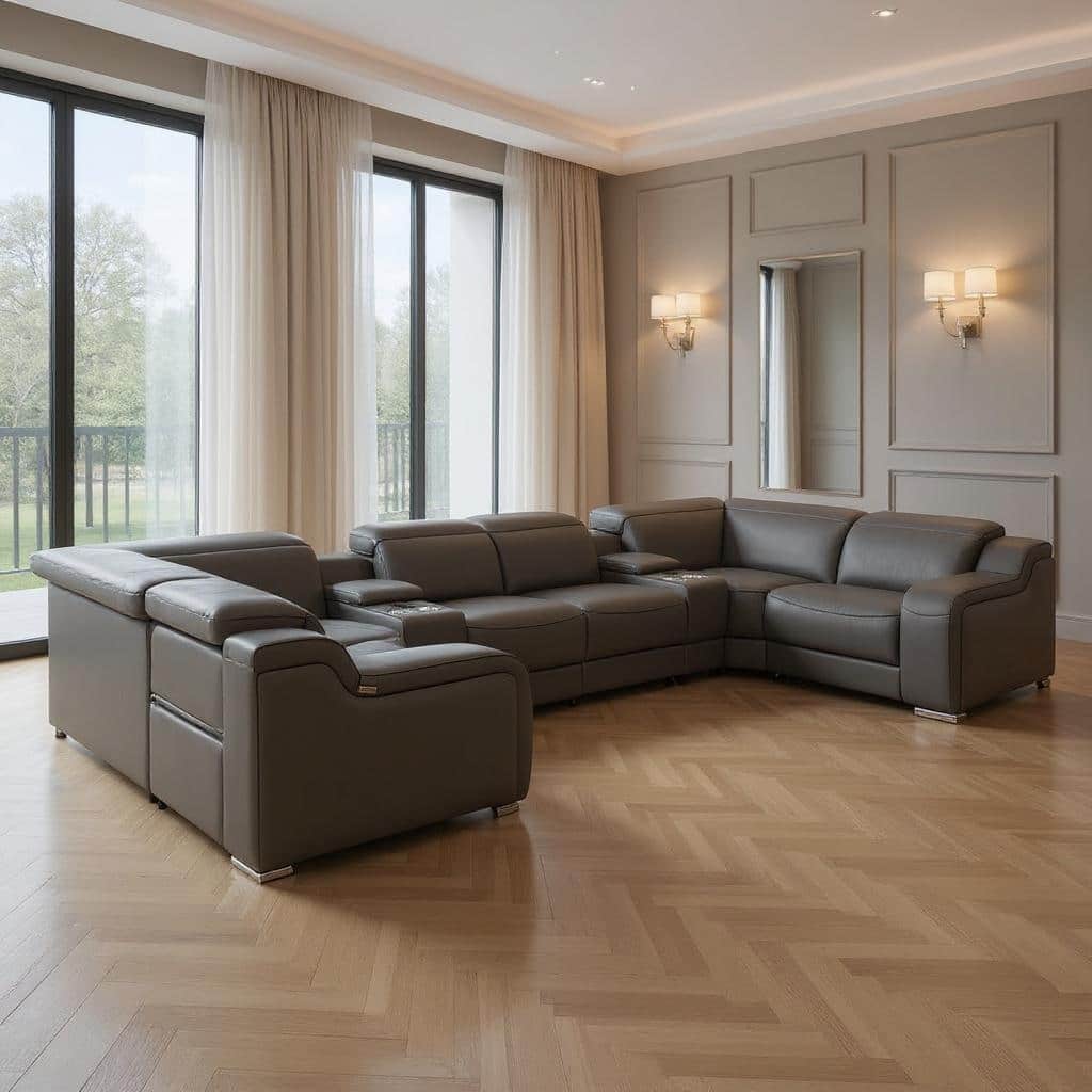 HomeRoots Dark Gray Italian Leather Power Reclining U Shaped Eight Piece Corner Sectional With Console