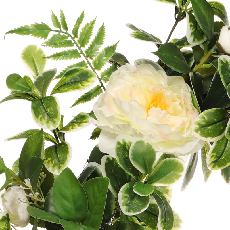 24" Artificial Camellia,Peony Floral Spring Wreath With Green Leaves