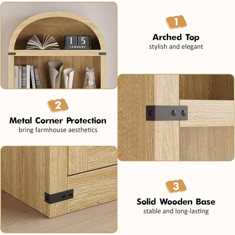 71.65" Tall Farmhouse 3-Tier Arched Bookcase, Display Storage Shelf - N/A