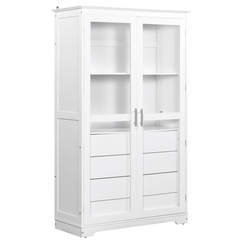 Kitchen Pantry, Freestanding Kitchen Storage Cabinet Display Cabinet with Glass Doors and 4 Built-in Drawers for Living Room