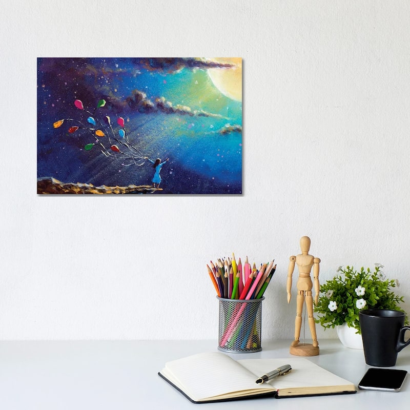 iCanvas "Romantic Girl With Colorful Balloons In Night On Blue Sea" by Valery Rybakow Canvas Print - 8x12x0.75