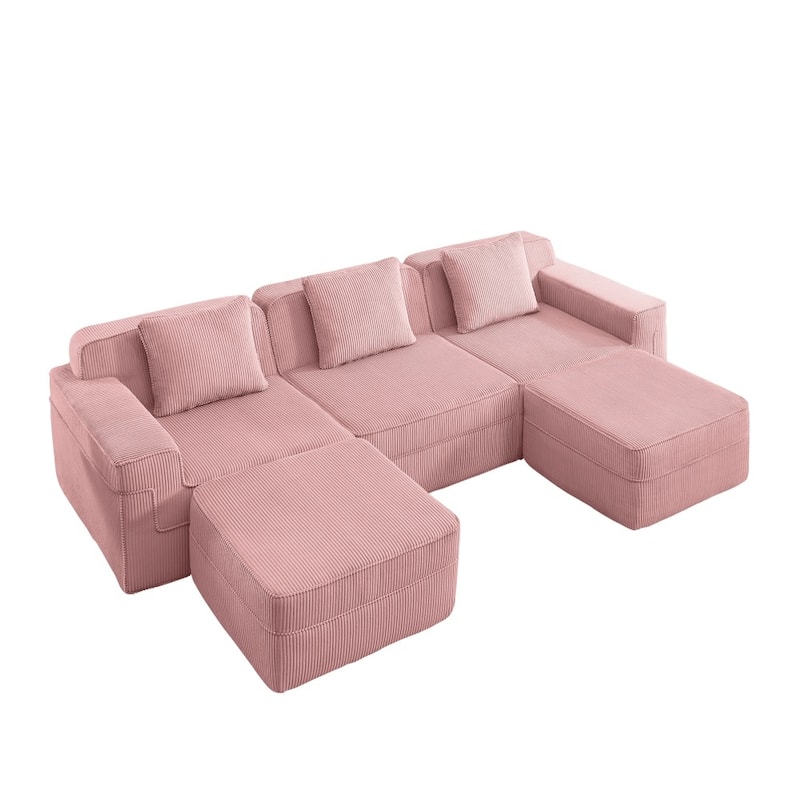 Modular 3-Seat Sectional Sofa with Throw Pillows and 2 Movable Ottomans