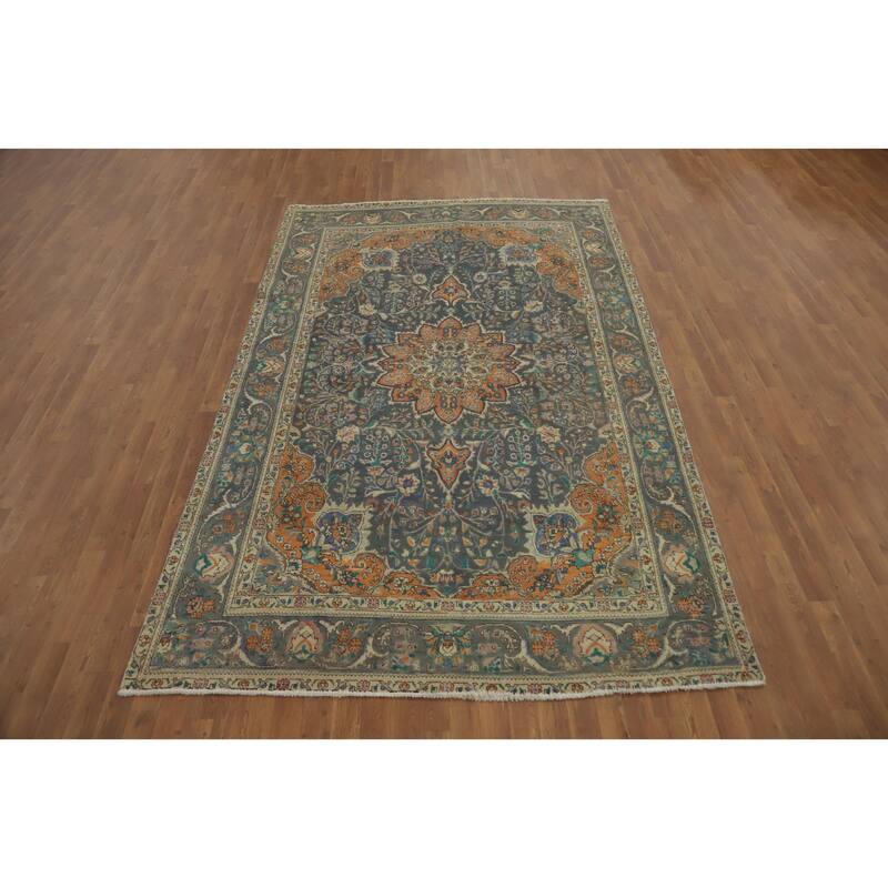 Hand Knotted Oriental 100% Wool Carpet Traditional Floral Greys & Charcoal Tabriz Area Rug - 10' 2'' X 6' 5''
