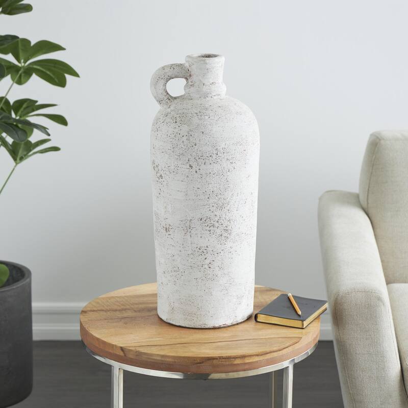 Ceramic Antique Style Textured Decorative Vase with Curved Handle - Cream - Roche River Decor