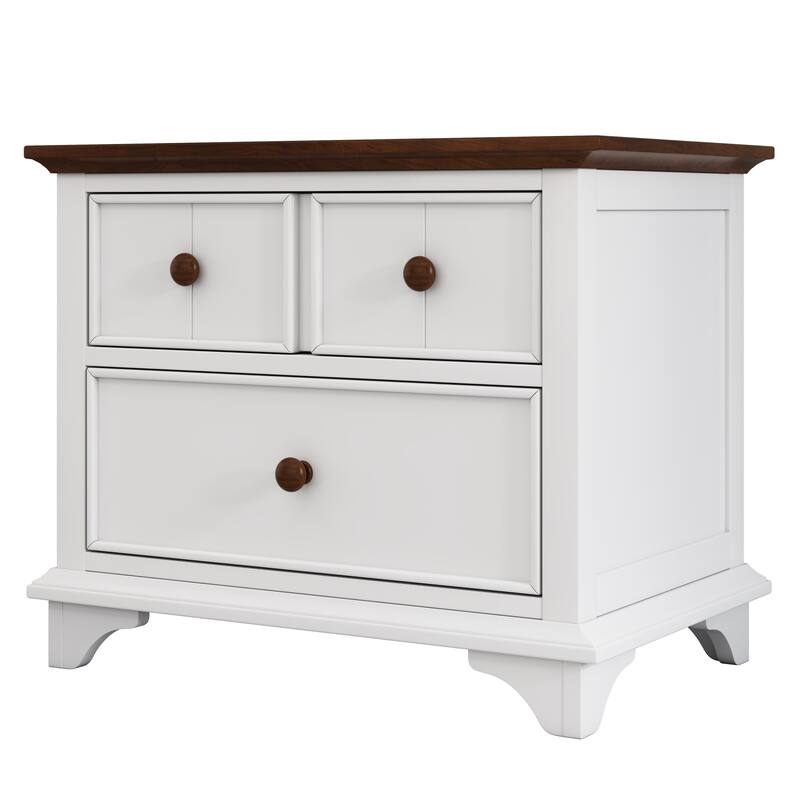Roomfitters Wooden Captain Two-Drawer Nightstand, Kids' Night Stand and End Side Table for Bedroom, White and Walnut