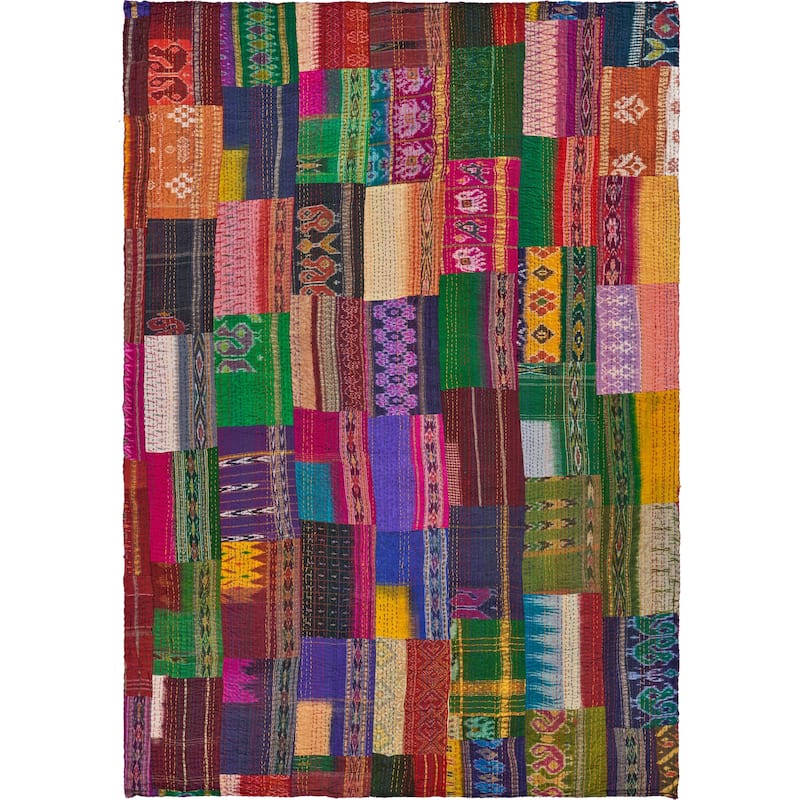 HomeRoots 70" X 50" Blue and Green Kantha Silk Patchwork Throw Blanket with Embroidery