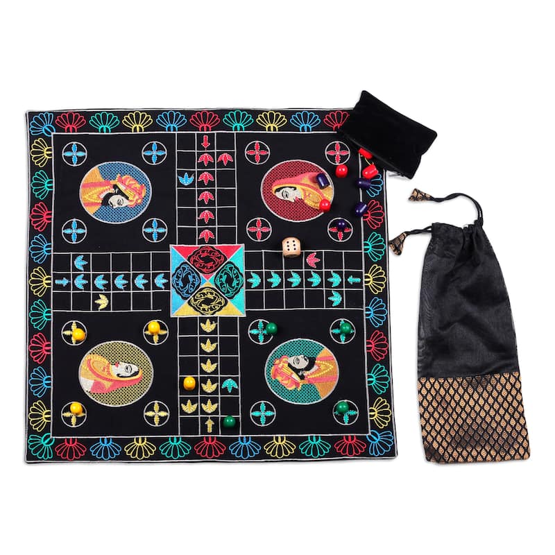 Novica Handmade Game Of Royals At Night Embroidered Cotton Ludo Game