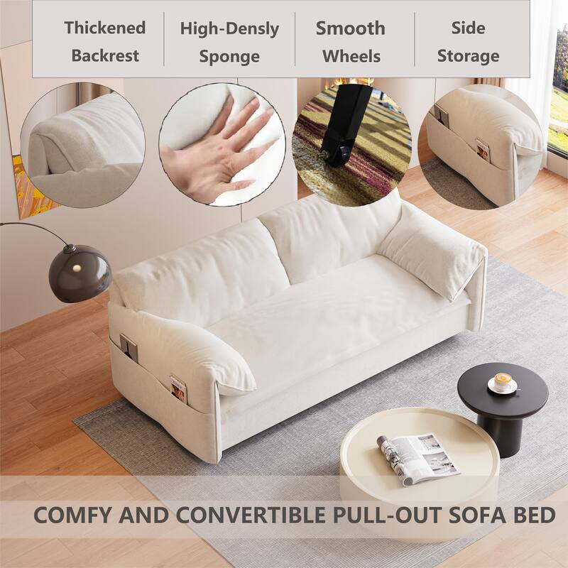 Multi-Functional 63.8" Queen Pull Out Sofa Bed with Side Storage and Wheels - 3-in-1 Convertible Sleeper Sofa