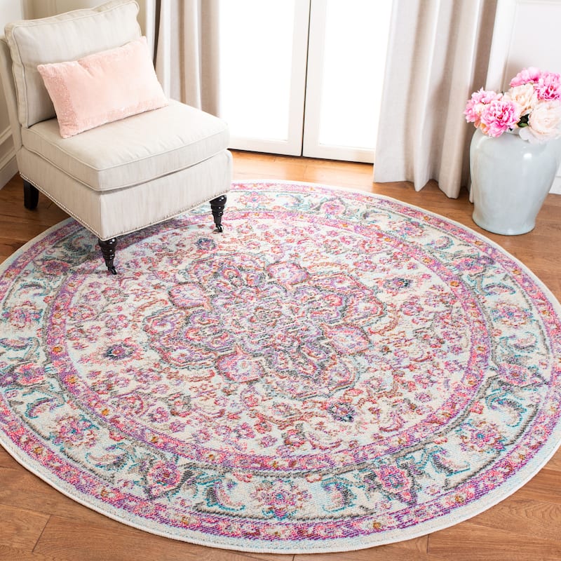 SAFAVIEH Madison Jeanine Vintage Oriental Rug- - 6'7" Round - Beige/Fuchsia