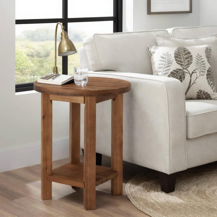 Solid Wood Round End Table With 2-tier Storage For Living Room, Small Spaces - 1 Pack - Brown