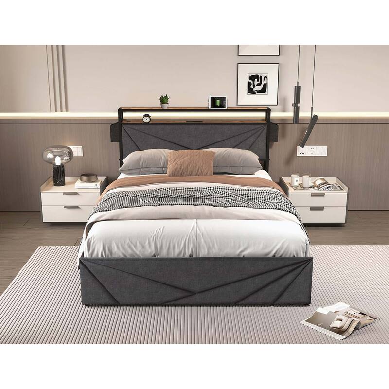 Versatile Bed with Storage and LED Lights for Optimal Sleep Experience - Black+Gray-Queen Size