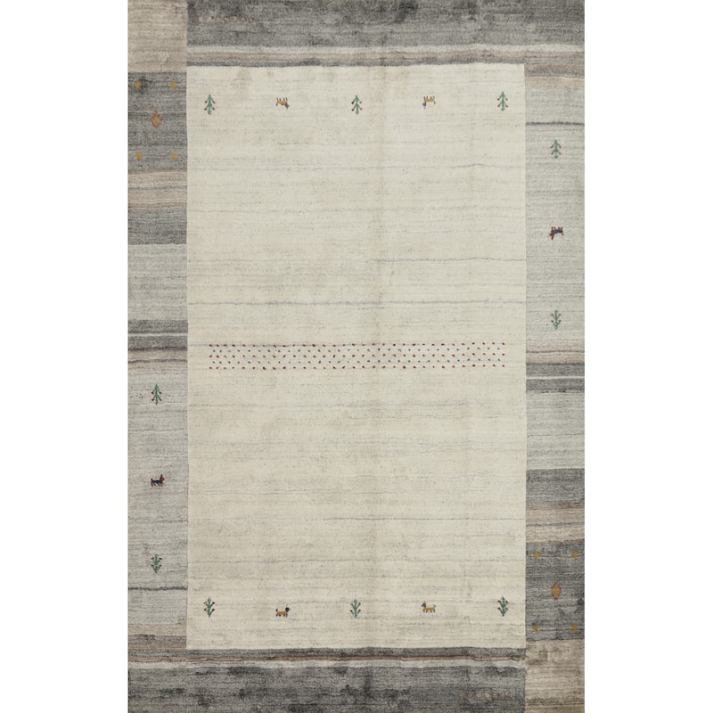Hand Knotted Oriental 100% Wool Carpet Tribal Animal Pictorial Beige & Ivories Gabbeh Area Rug - 7' 7'' X 5' 4''