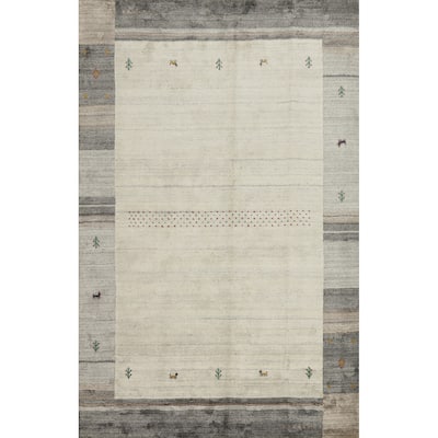 Hand Knotted Oriental 100% Wool Carpet Tribal Animal Pictorial Beige & Ivories Gabbeh Area Rug - 7' 7'' X 5' 4''