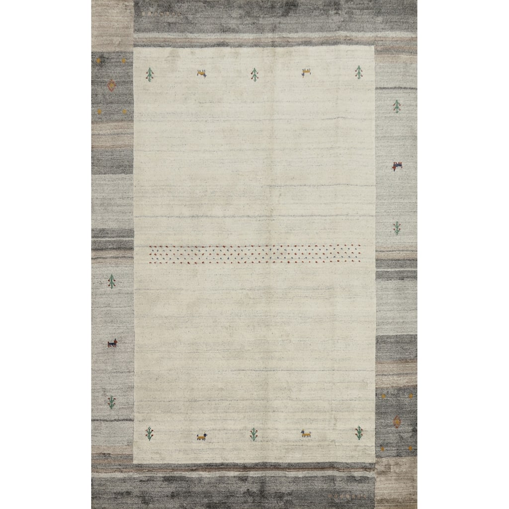 Hand Knotted Oriental 100% Wool Carpet Tribal Animal Pictorial Beige & Ivories Gabbeh Area Rug - 7' 7'' X 5' 4''