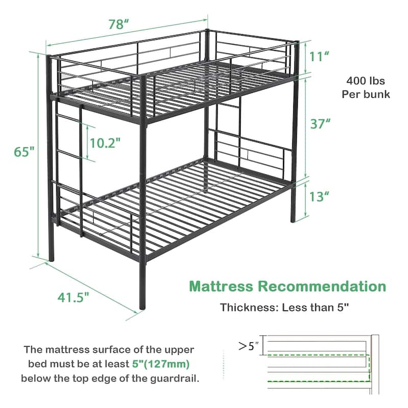 Bunk Bed Metal Twin Size Bunk Beds Frame with Ladder & Full-Length Guardrail Heavy Duty Sturdy 2 in 1 Convertible Bunk Bed