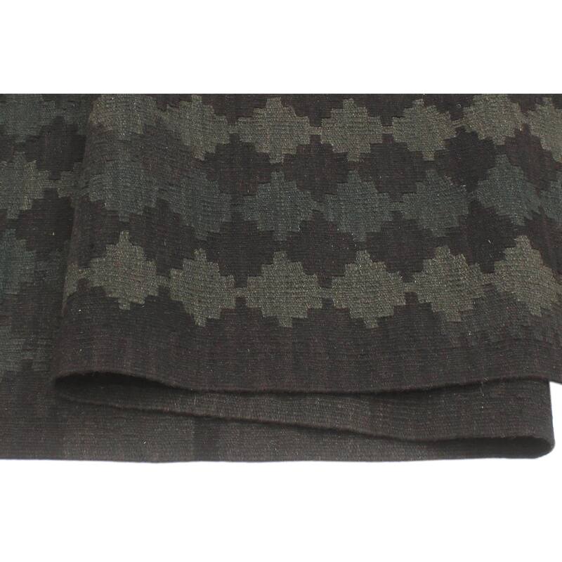 Boho Chic Turkish Kilim Ezra Black Green Hand-Woven Wool Runner - 2'9'' x 7'9''