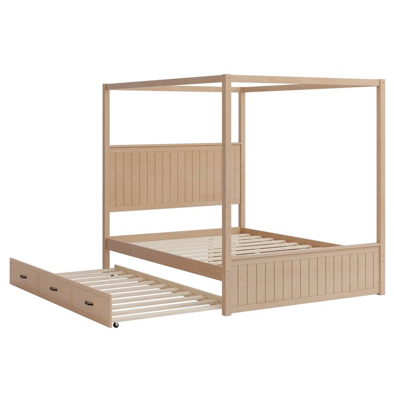 Queen Size Canopy Bed Platform Bed with Trundle Drawers Under-bed