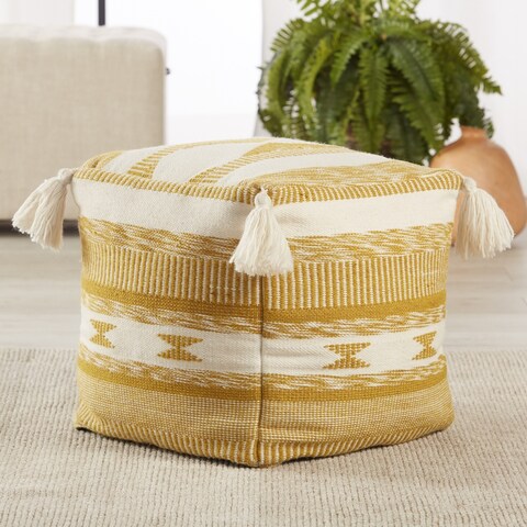 Romola Indoor/ Outdoor Tribal Gold/ White Pouf/ Floor Pillow - 16"X16"X16"