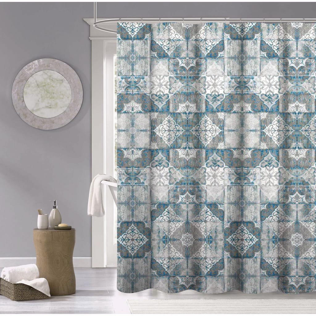 Dainty Home 100% Cotton Tiles Fabric Shower Curtain, 70"W x 72"L