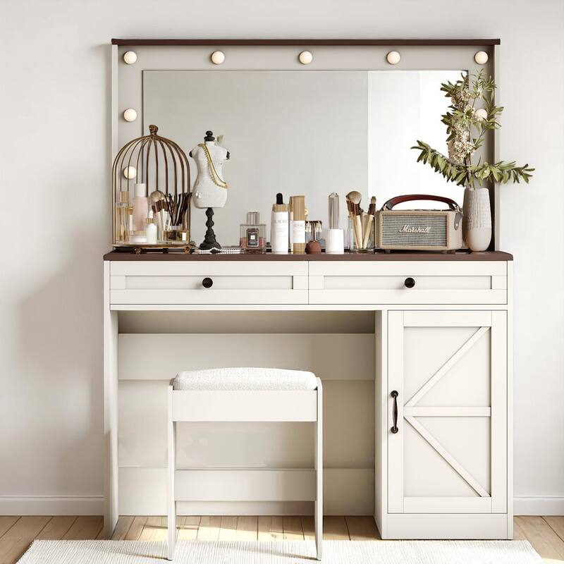 43.4" Makeup Vanity Table with LED Mirror & Stool - 3 Drawers, Adjustable Brightness, Dressing Desk - White