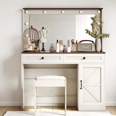 43.4" Makeup Vanity Table with LED Mirror & Stool - 3 Drawers, Adjustable Brightness, Dressing Desk