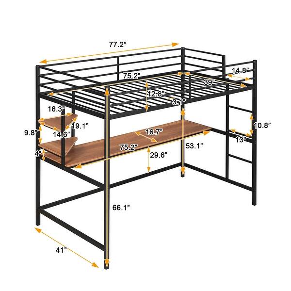 Modern Style Twin Metal Loft Bed with Desk, Shelve, 4-step Ladder and Guardrail, Creative Structure & Good Stability, Espresso