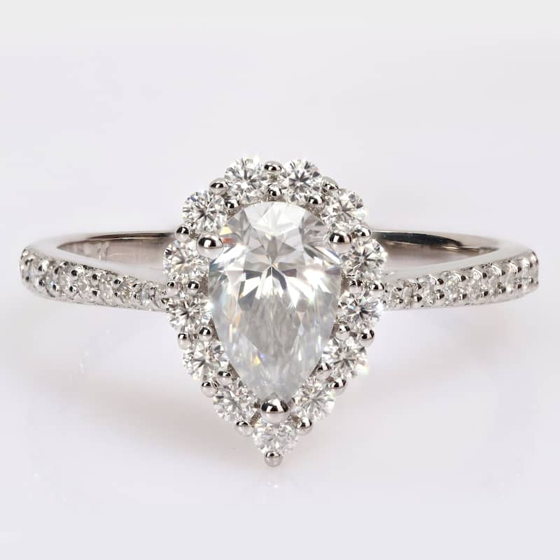 Miadora 1 3/8ct DEW Pear-cut Moissanite Halo Teardrop Engagement Ring in Sterling Silver
