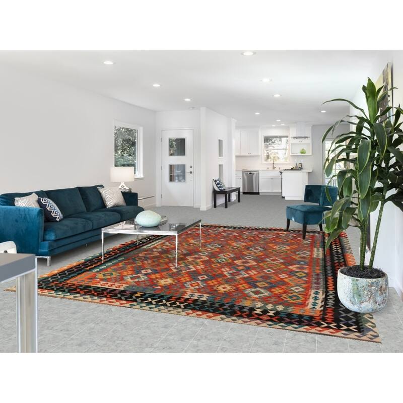 Geometric Kilim Area Rug Flatweave Oriental Orange Wool Carpet - 8'5"x 11'3"