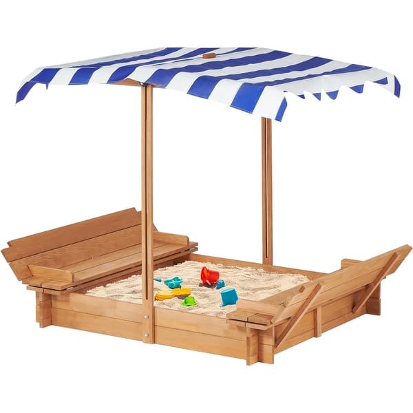 slide 2 of 20, Kids Sandbox with Adjustable Cover, 46'' Wooden Sand Box with 2 Foldable Bench Seats, Outdoor Sandpit for Backyard Play Light Brown