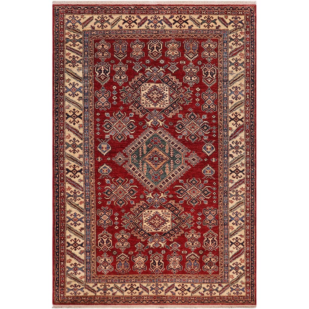 Rustic Super Kazak Indira Red/Beige Hand Knotted Wool Rug - 5'7'' x 8'8''