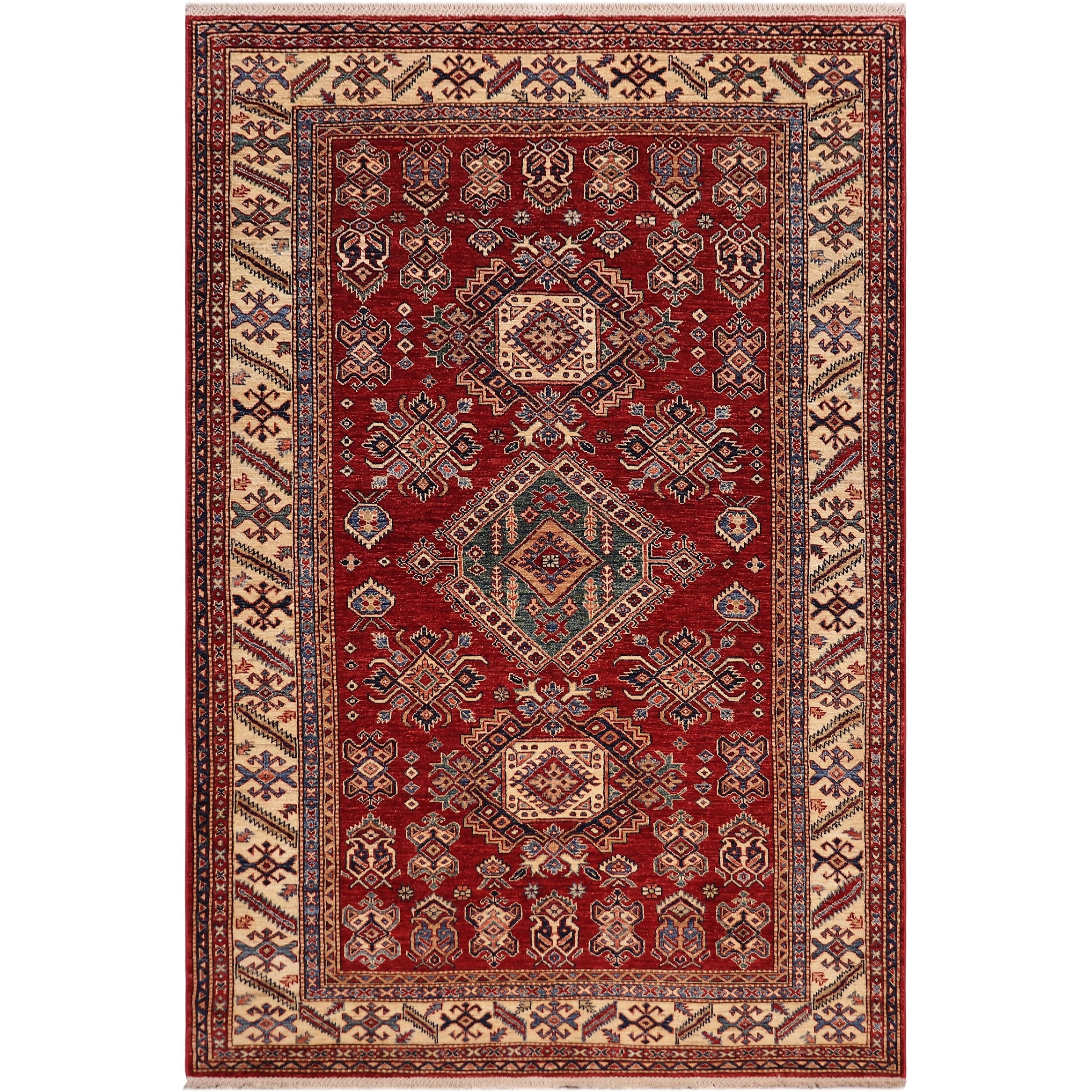 Rustic Super Kazak Indira Red/Beige Hand Knotted Wool Rug - 5'7'' x 8'8''