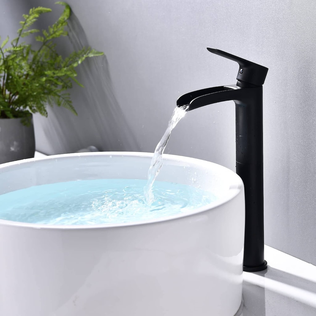 Vessel Sink Faucet Waterfall Bathroom Faucet, Matte Black
