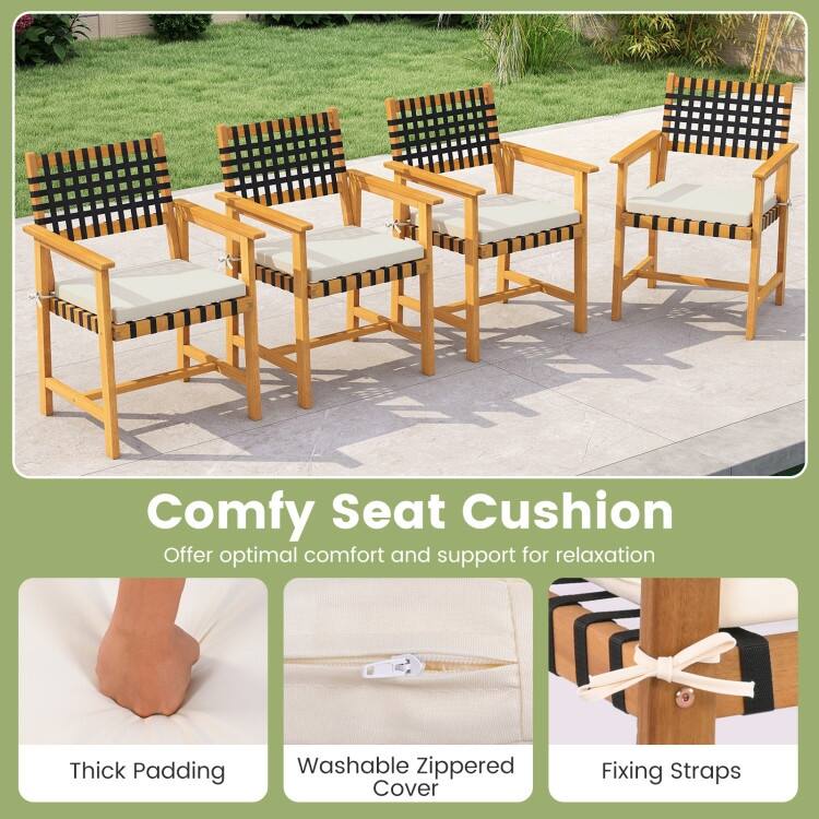 Natural-Off White Acacia Wood Outdoor Dining Chairs Set of 2 with Cushions - 23” x 22.5” x 34” (L x W x H)