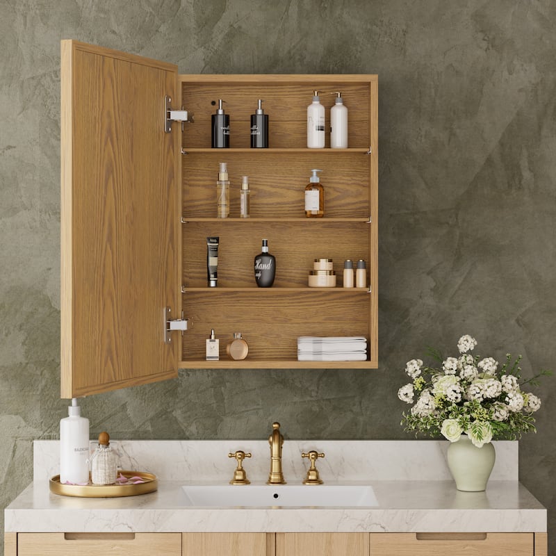 Reno Wood Medicine Cabinet with Mirror, Adjustable Shelves, Oak, Recessed/Wall Mount