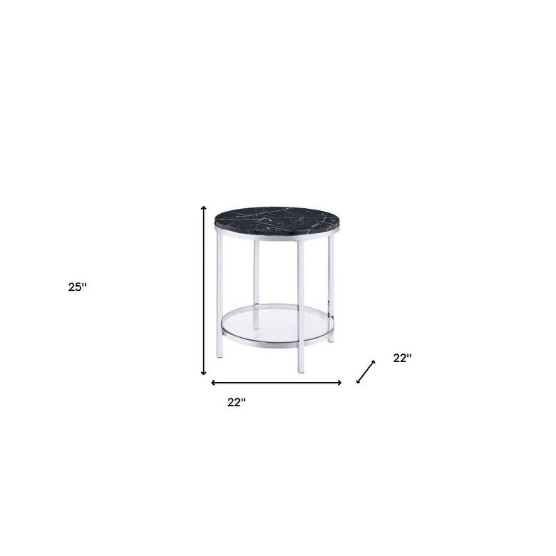 HomeRoots 25" Chrome And Black Faux Marble And Metal Round End Table With Shelf - 22' X '25' X '22