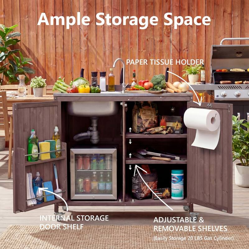 Outdoor Kitchen Island Series, 2 Piece Modular Solid Wood Set, 304 Sink Station, Drawer, 2 Door Shelves, Outdoor Storage Cabinet