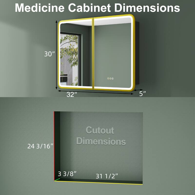 32 in. W x 30 in. H Rectangular Iron Recessed/Surface Medicine Cabinet with Mirror, Anti-Fog, Fixed Iron Shelves, Gold