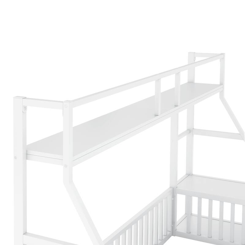 Full Size Floor Bed Frame with Safety Fence, Metal Floor Bed with Desk and Storage Shelves, Playhouse for Kids