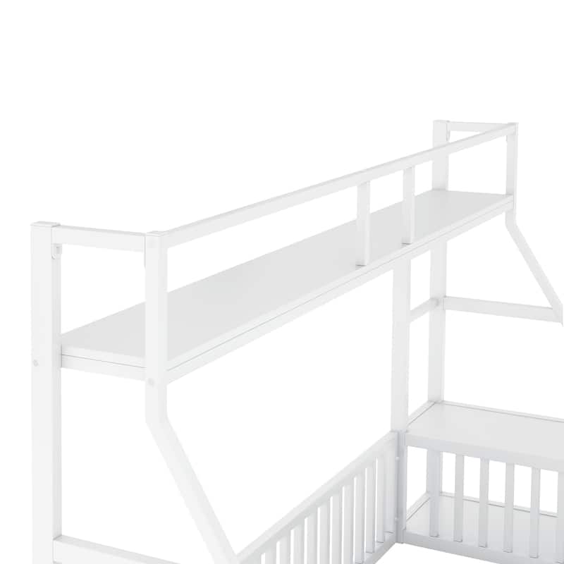 Kids Montessori Floor Bed, Metal Floor Bed Frame with Fence and Storage Shelves