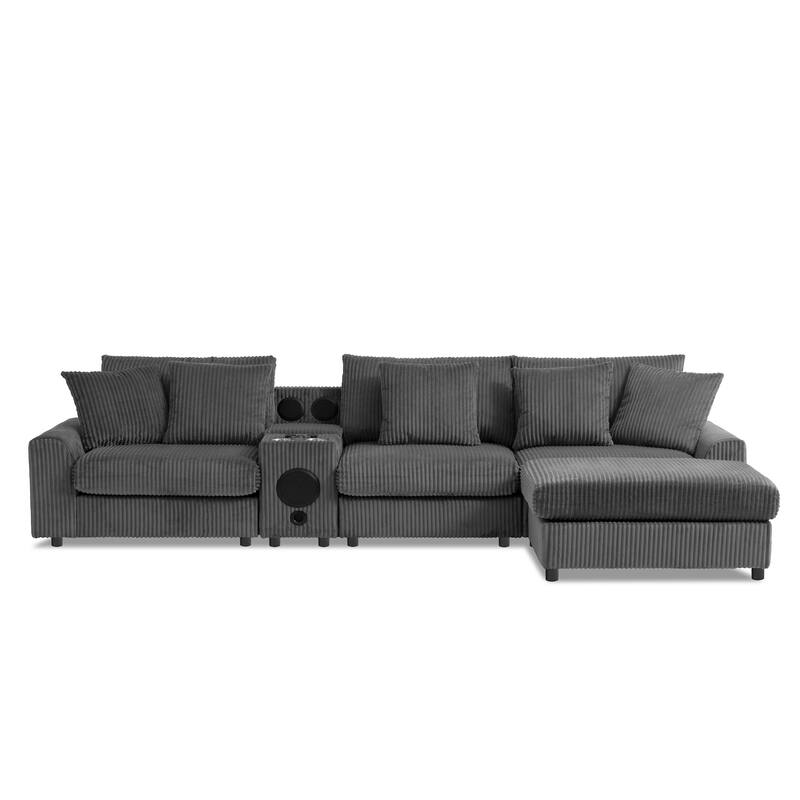 Modular Corduroy Sectional Sofa with Bluetooth Speakers, Charging Ports, Cup Holders, Storage and Ottoman for Living Room