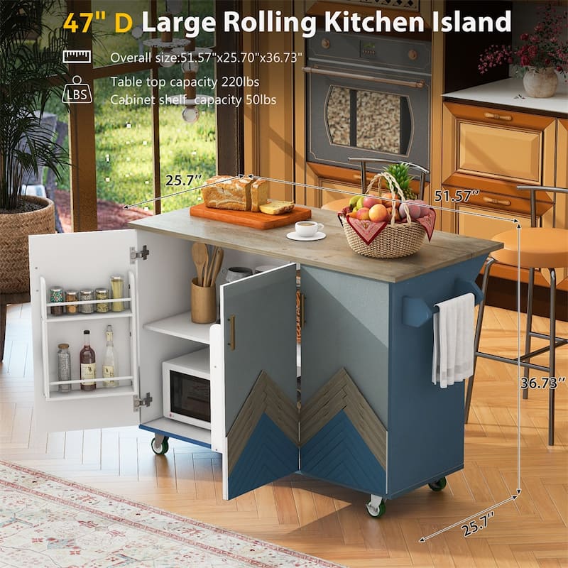 Retro Mountain Wood Kitchen Island with Drop Leaf, Storage Rack