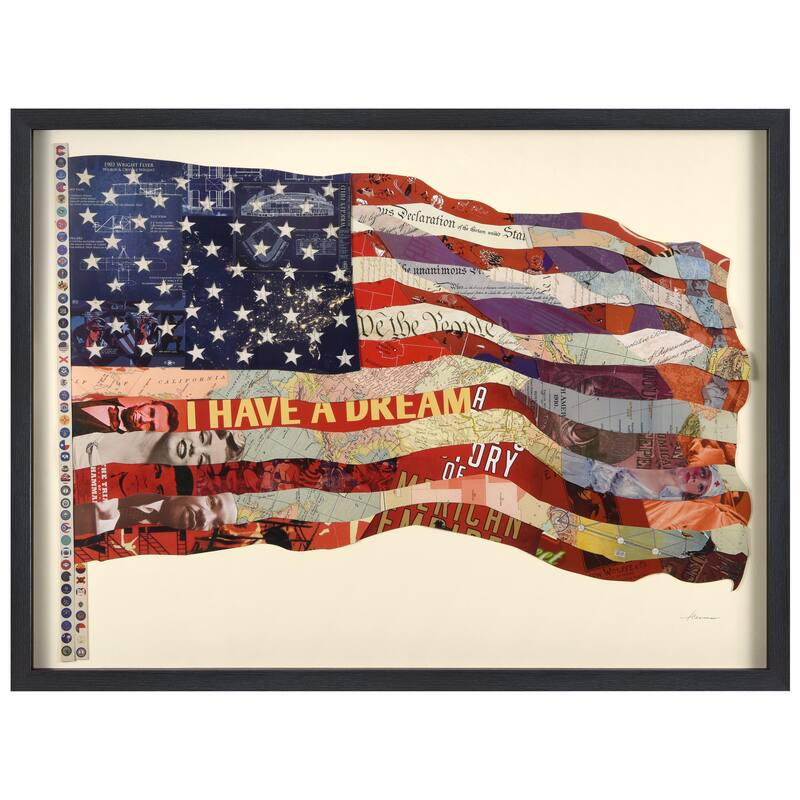 "American Flag" Alex Zeng's dimensional collage, under glass & a black shadow box frame