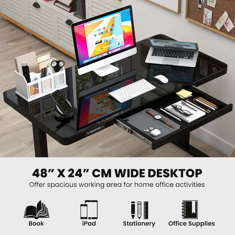 Costway 48" x 24" Whole-Piece Glass Standing Desk w/Drawers Writable
