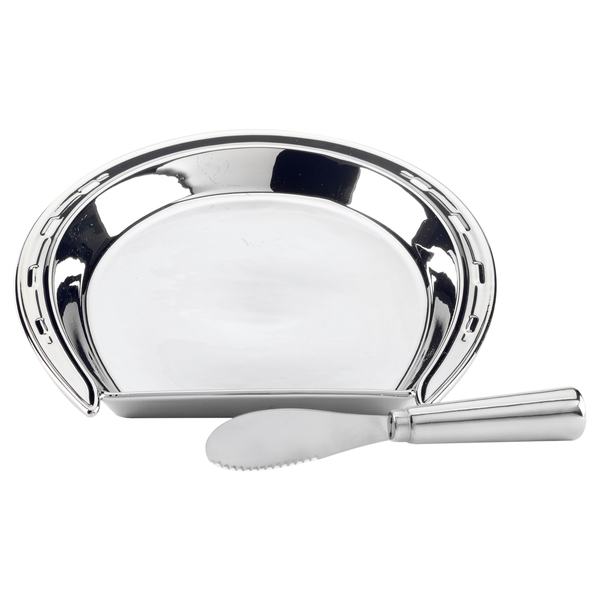 Certified International Derby Day at the Races Silver Plated 3-D Horseshoe Cheese Plate with Knife - 8.5