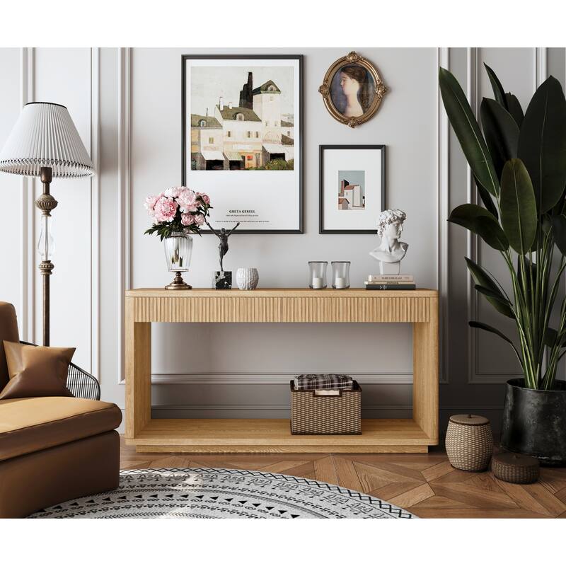 Modern Fluted Console Table with 2 Drawer, 60" Entryway Table Sofa Table Behind Couch with Open Storage for Living Room