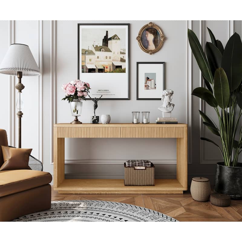 Rectangular Entryway Console Table with 2 Fluted Drawers, Sofa Table Behind Couch Table for Living Room Hallway
