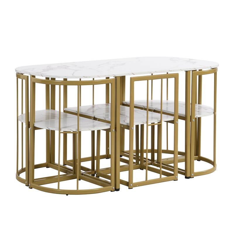 7-Piece Dining Table Set with Faux Marble Compact